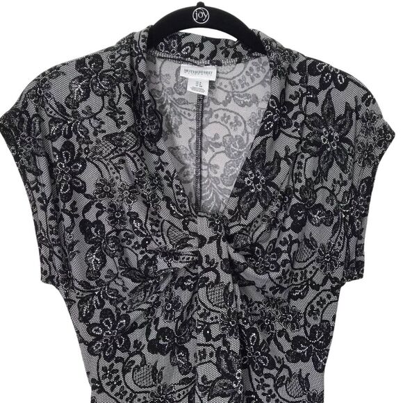 Motherhood Maternity Dress Size Small Black Grey Floral Short Cap Sleeves Midi - Picture 3 of 12